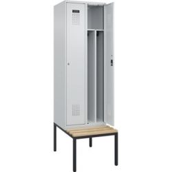 kaiserkraft Schwarz-Weiß-Spind Evolo PLUS Sitzbank, schmal, 2 Abteile, verkürzte Trennwand mittig, lichtgrau / lichtgrau, B 600 mm, Zylinderschloss, mit