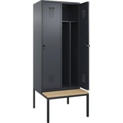 kaiserkraft Schwarz-Weiß-Spind Evolo PLUS Sitzbank, schmal, 2 Abteile, verkürzte Trennwand mittig, grau, B 800 mm, Sicherheits-Drehriegel, mit untergebauter