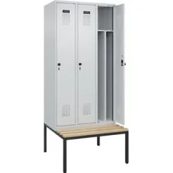 kaiserkraft Schwarz-Weiß-Spind Evolo PLUS Sitzbank, schmal, 3 Abteile, verkürzte Trennwand mittig, lichtgrau / lichtgrau, B 900 mm, Sicherheits-Drehriegel, mit