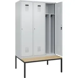 kaiserkraft Schwarz-Weiß-Spind Evolo PLUS Sitzbank, schmal, 3 Abteile, verkürzte Trennwand mittig, lichtgrau / lichtgrau, B 1200 mm, Zylinderschloss, mit