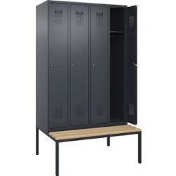 kaiserkraft Spind Evolo PLUS Sitzbank, 4 Abteile, grau, B 1200 mm, Zylinderschloss, mit untergebauter Sitzbank, Buche