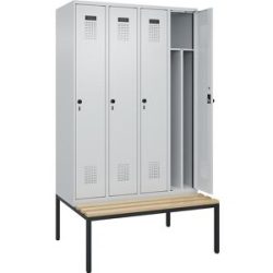 kaiserkraft Schwarz-Weiß-Spind Evolo PLUS Sitzbank, schmal, 4 Abteile, verkürzte Trennwand mittig, lichtgrau / lichtgrau, B 1200 mm, Sicherheits-Drehriegel, mit
