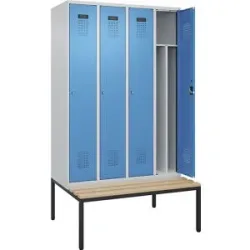 kaiserkraft Schwarz-Weiß-Spind Evolo PLUS Sitzbank, schmal, 4 Abteile, verkürzte Trennwand mittig, lichtgrau / lichtblau, B 1200 mm, Zylinderschloss, mit