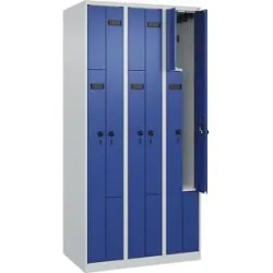kaiserkraft Z-Spind Evolo PLUS, 3 Abteile, lichtgrau / enzianblau, B 900 mm, 6 Fächer, mit Bodengleitern, Sicherheits-Drehriegel