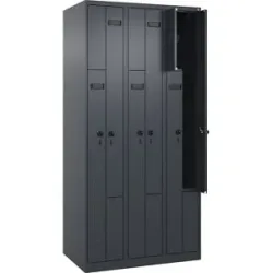 kaiserkraft Z-Spind Evolo PLUS, 3 Abteile, grau, B 900 mm, 6 Fächer, mit Bodengleitern, Sicherheits-Drehriegel