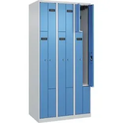 kaiserkraft Z-Spind Evolo PLUS, 3 Abteile, lichtgrau / lichtblau, B 900 mm, 6 Fächer, mit Bodengleitern, Zylinderschloss