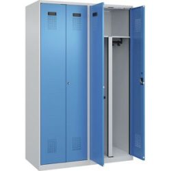 kaiserkraft Schwarz-Weiß-Spind Evolo PLUS, 2 Abteile, verkürzte Trennwand mittig, lichtgrau / lichtblau, B 1200 mm, mit Bodengleitern, Zylinderschloss