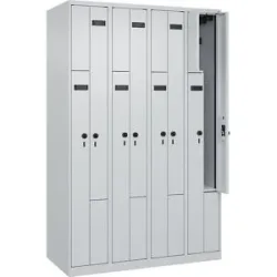 kaiserkraft Z-Spind Evolo PLUS, 4 Abteile, lichtgrau, B 1200 mm, 8 Fächer, mit Bodengleitern, Sicherheits-Drehriegel