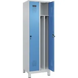 kaiserkraft Schwarz-Weiß-Spind Evolo PLUS, schmal, 2 Abteile, verkürzte Trennwand mittig, lichtgrau / lichtblau, B 600 mm, mit breiten Füßen,