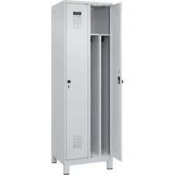 kaiserkraft Schwarz-Weiß-Spind Evolo PLUS, schmal, 2 Abteile, verkürzte Trennwand mittig, lichtgrau, B 600 mm, mit breiten Füßen, Sicherheits-Drehriegel