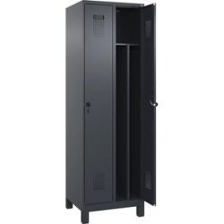 kaiserkraft Schwarz-Weiß-Spind Evolo PLUS, schmal, 2 Abteile, verkürzte Trennwand mittig, grau, B 600 mm, mit breiten Füßen, Sicherheits-Drehriegel