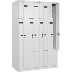 kaiserkraft Z-Spind Evolo PLUS, 4 Abteile, weiß, B 1200 mm, 8 Fächer, mit Bodengleitern, Sicherheits-Drehriegel
