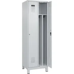 kaiserkraft Schwarz-Weiß-Spind Evolo PLUS, schmal, 2 Abteile, verkürzte Trennwand mittig, lichtgrau, B 600 mm, mit breiten Füßen, Zylinderschloss