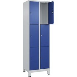 kaiserkraft 3er-Schließfachschrank Evolo PLUS, 2 Abteile, lichtgrau / enzianblau, B 600 mm, 6 Fächer, mit breiten Füßen, Zylinderschloss