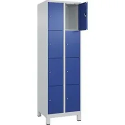 kaiserkraft 4er-Schließfachschrank Evolo PLUS, 2 Abteile, lichtgrau / enzianblau, B 600 mm, 8 Fächer, mit breiten Füßen, Zylinderschloss