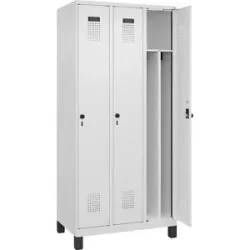 kaiserkraft Schwarz-Weiß-Spind Evolo PLUS, schmal, 3 Abteile, verkürzte Trennwand mittig, weiß, B 900 mm, mit breiten Füßen, Sicherheits-Drehriegel