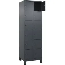 kaiserkraft 6er-Schließfachschrank Evolo PLUS, 2 Abteile, grau, B 600 mm, 12 Fächer, mit breiten Füßen, Zylinderschloss