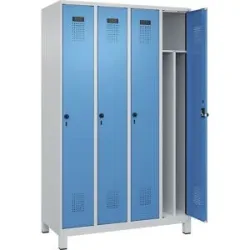 kaiserkraft Schwarz-Weiß-Spind Evolo PLUS, schmal, 4 Abteile, verkürzte Trennwand mittig, lichtgrau / lichtblau, B 1200 mm, mit breiten Füßen,