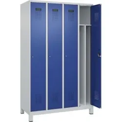 kaiserkraft Schwarz-Weiß-Spind Evolo PLUS, schmal, 4 Abteile, verkürzte Trennwand mittig, lichtgrau / enzianblau, B 1200 mm, mit breiten Füßen, Zylinderschloss
