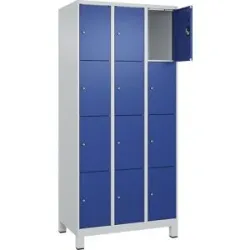 kaiserkraft 4er-Schließfachschrank Evolo PLUS, 3 Abteile, lichtgrau / enzianblau, B 900 mm, 12 Fächer, mit breiten Füßen, Zylinderschloss