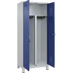 kaiserkraft Schwarz-Weiß-Spind Evolo PLUS, 1 Abteil, verkürzte Trennwand mittig, lichtgrau / enzianblau, B 800 mm, mit breiten Füßen, Sicherheits-Drehriegel
