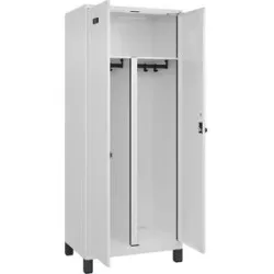 kaiserkraft Schwarz-Weiß-Spind Evolo PLUS, 1 Abteil, verkürzte Trennwand mittig, weiß, B 800 mm, mit breiten Füßen, Sicherheits-Drehriegel
