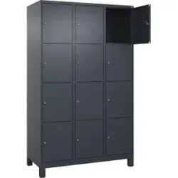 kaiserkraft 4er-Schließfachschrank Evolo PLUS, 3 Abteile, grau, B 1200 mm, 12 Fächer, mit breiten Füßen, Zylinderschloss