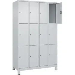 kaiserkraft 3er-Schließfachschrank Evolo PLUS, 4 Abteile, lichtgrau, B 1200 mm, 12 Fächer, mit breiten Füßen, Zylinderschloss