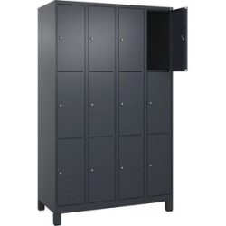 kaiserkraft 3er-Schließfachschrank Evolo PLUS, 4 Abteile, grau, B 1200 mm, 12 Fächer, mit breiten Füßen, Zylinderschloss