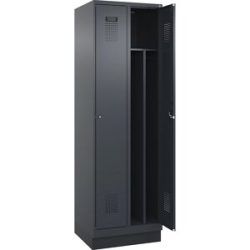 kaiserkraft Schwarz-Weiß-Spind Evolo PLUS, schmal, 2 Abteile, verkürzte Trennwand mittig, grau, B 600 mm, mit Bodensockel, Zylinderschloss