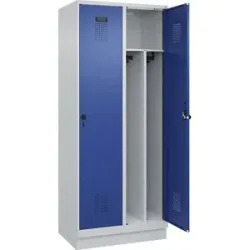 kaiserkraft Schwarz-Weiß-Spind Evolo PLUS, schmal, 2 Abteile, verkürzte Trennwand mittig, lichtgrau / enzianblau, B 800 mm, mit Bodensockel,