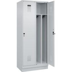 kaiserkraft Schwarz-Weiß-Spind Evolo PLUS, schmal, 2 Abteile, verkürzte Trennwand mittig, lichtgrau, B 800 mm, mit Bodensockel, Sicherheits-Drehriegel