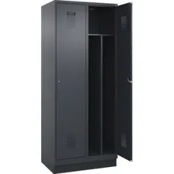kaiserkraft Schwarz-Weiß-Spind Evolo PLUS, schmal, 2 Abteile, verkürzte Trennwand mittig, grau, B 800 mm, mit Bodensockel, Zylinderschloss