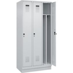 kaiserkraft Schwarz-Weiß-Spind Evolo PLUS, schmal, 3 Abteile, verkürzte Trennwand mittig, lichtgrau, B 900 mm, mit Bodensockel, Sicherheits-Drehriegel