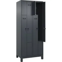 kaiserkraft Z-Spind Evolo PLUS, 2 Abteile, grau, B 800 mm, 4 Fächer, mit breiten Füßen, Sicherheits-Drehriegel