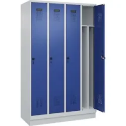 kaiserkraft Schwarz-Weiß-Spind Evolo PLUS, schmal, 4 Abteile, verkürzte Trennwand mittig, lichtgrau / enzianblau, B 1200 mm, mit Bodensockel,