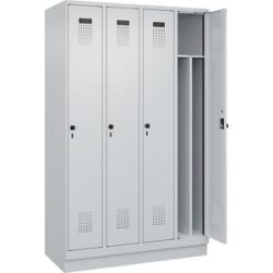 kaiserkraft Schwarz-Weiß-Spind Evolo PLUS, schmal, 4 Abteile, verkürzte Trennwand mittig, lichtgrau, B 1200 mm, mit Bodensockel, Sicherheits-Drehriegel