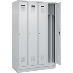 kaiserkraft Schwarz-Weiß-Spind Evolo PLUS, schmal, 4 Abteile, verkürzte Trennwand mittig, lichtgrau, B 1200 mm, mit Bodensockel, Zylinderschloss