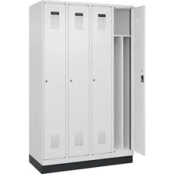 kaiserkraft Schwarz-Weiß-Spind Evolo PLUS, schmal, 4 Abteile, verkürzte Trennwand mittig, weiß, B 1200 mm, mit Bodensockel, Zylinderschloss
