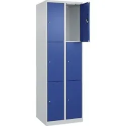 kaiserkraft 3er-Schließfachschrank Evolo PLUS, 2 Abteile, lichtgrau / enzianblau, B 600 mm, 6 Fächer, mit Bodengleitern, Zylinderschloss
