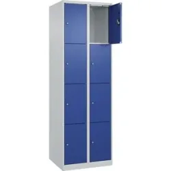 kaiserkraft 4er-Schließfachschrank Evolo PLUS, 2 Abteile, lichtgrau / enzianblau, B 600 mm, 8 Fächer, mit Bodengleitern, Zylinderschloss