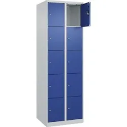 kaiserkraft 5er-Schließfachschrank Evolo PLUS, 2 Abteile, lichtgrau / enzianblau, B 600 mm, 10 Fächer, mit Bodengleitern, Zylinderschloss