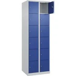 kaiserkraft 6er-Schließfachschrank Evolo PLUS, 2 Abteile, lichtgrau / enzianblau, B 600 mm, 12 Fächer, mit Bodengleitern, Zylinderschloss