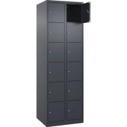 kaiserkraft 6er-Schließfachschrank Evolo PLUS, 2 Abteile, grau, B 600 mm, 12 Fächer, mit Bodengleitern, Zylinderschloss