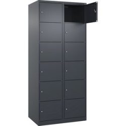 kaiserkraft 6er-Schließfachschrank Evolo PLUS, 2 Abteile, grau, B 800 mm, 12 Fächer, mit Bodengleitern, Zylinderschloss