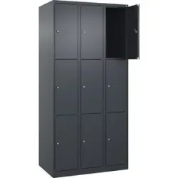 kaiserkraft 3er-Schließfachschrank Evolo PLUS, 3 Abteile, grau, B 900 mm, 9 Fächer, mit Bodengleitern, Zylinderschloss