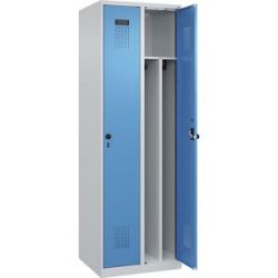 kaiserkraft Schwarz-Weiß-Spind Evolo PLUS, schmal, 2 Abteile, verkürzte Trennwand mittig, lichtgrau / lichtblau, B 600 mm, mit Bodengleitern,
