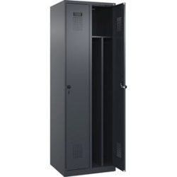 kaiserkraft Schwarz-Weiß-Spind Evolo PLUS, schmal, 2 Abteile, verkürzte Trennwand mittig, grau, B 600 mm, mit Bodengleitern, Sicherheits-Drehriegel