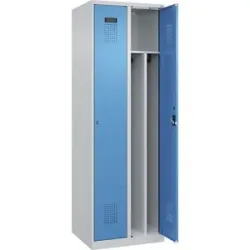 kaiserkraft Schwarz-Weiß-Spind Evolo PLUS, schmal, 2 Abteile, verkürzte Trennwand mittig, lichtgrau / lichtblau, B 600 mm, mit Bodengleitern, Zylinderschloss