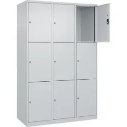 kaiserkraft 3er-Schließfachschrank Evolo PLUS, 3 Abteile, lichtgrau, B 1200 mm, 9 Fächer, mit Bodengleitern, Zylinderschloss